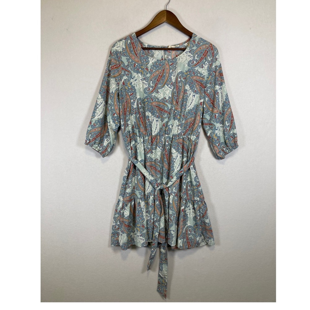 Boho Jane and Delancey Women Large Blue Paisley Tiered 3/4 Sleeve Mini Dress